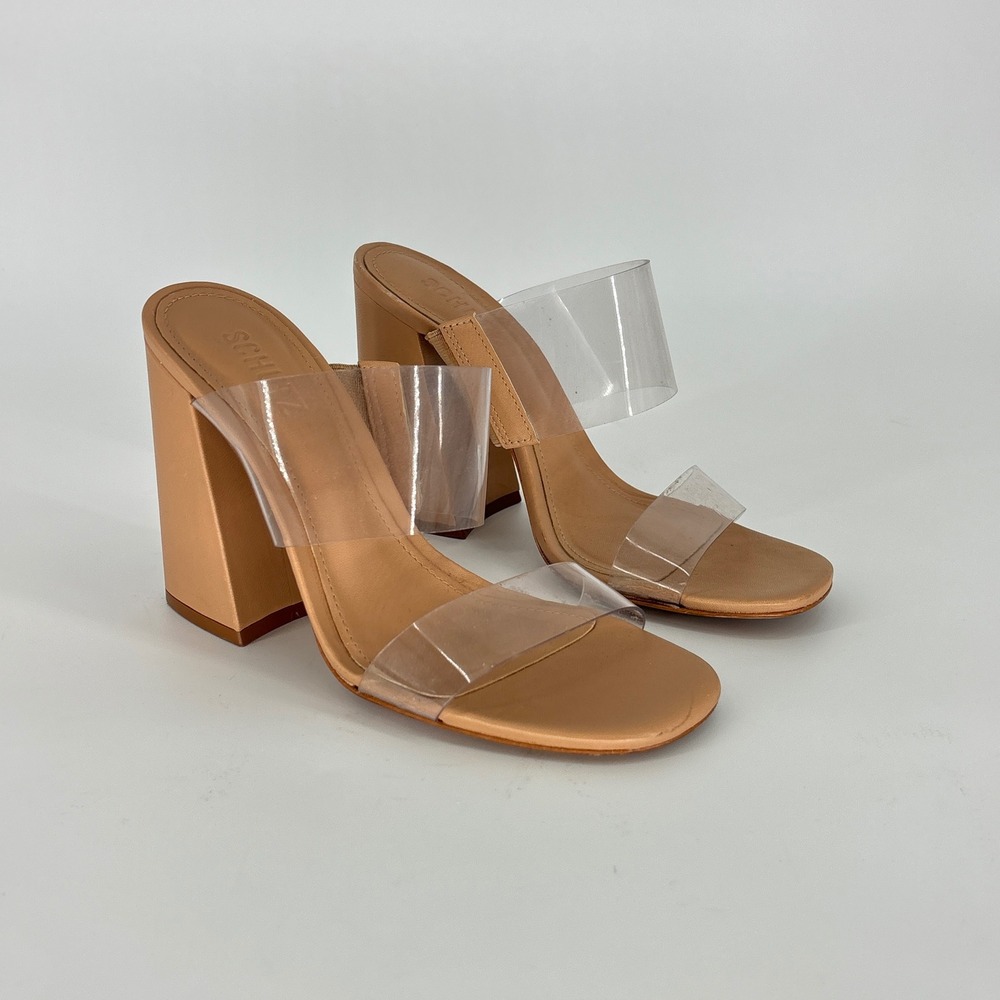 Schutz Victorie High Block Heel Sandal Honey Beige Nude Clear Women Size 7.5